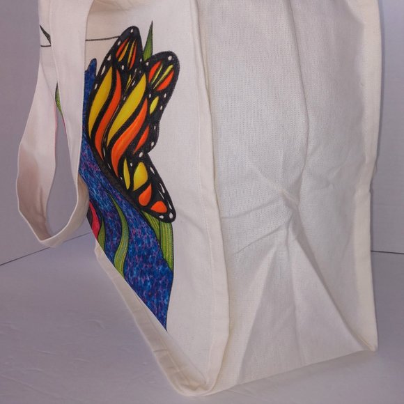 Hand-Painted Butterfly Tote Bag: Floral Art Reusable Canvas Tote 14x13x7 - Picture 12 of 14
